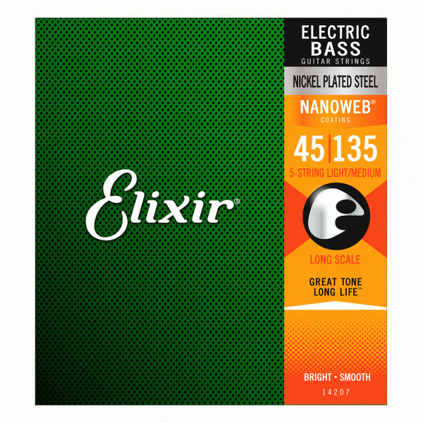 סט מיתרים לגיטרה בס 5 מיתרים אליקסיר - 45-135 - ELIXIR 14207 5 String Bass NANOWEB® Nickel Plated Steel