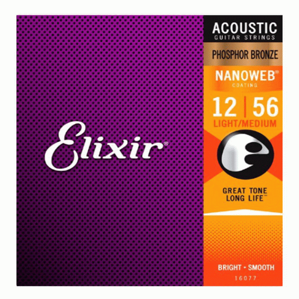 סט מיתרים לגיטרה אקוסטית אליקסיר - Elixir 16077 Acoustic Phosphor Bronze NANOWEB® Coated 12-56
