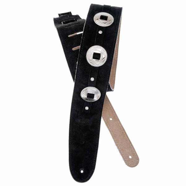 רצועת עור זמש לגיטרה דדריו פלנט ווייבס - Daddario Planet Waves 25SSC00-DX Black Leather Suede Strap Conchos
