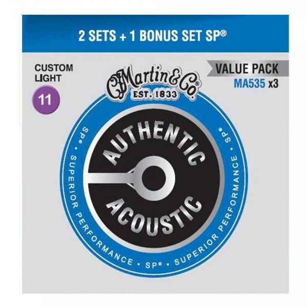 סט מיתרים לגיטרה אקוסטית 2+1 מרטין Martin 3PK-MA535 Phosphor Bronze Acoustic Guitar Strings - 11-52