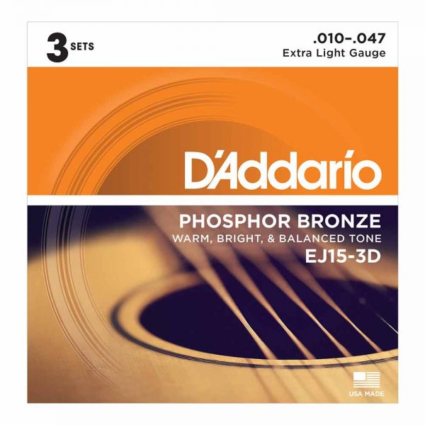 מיתרים לגיטרה אקוסטית דדריו 10-47 - מארז 3 סטים - Daddario EJ15-3D Phosphor Bronze Acoustic Guitar Strings