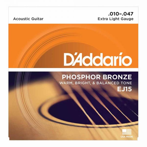סט מיתרים לגיטרה אקוסטית דדריו 10-47 - Daddario EJ15 Phosphor Bronze Acoutic Guitar Strings