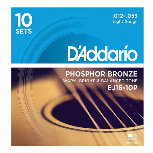 מיתרים לגיטרה אקוסטית דדריו 12-53 - מארז 10 סטים - Daddario EJ16-10P Phosphor Bronze Acoustic Guitar Strings