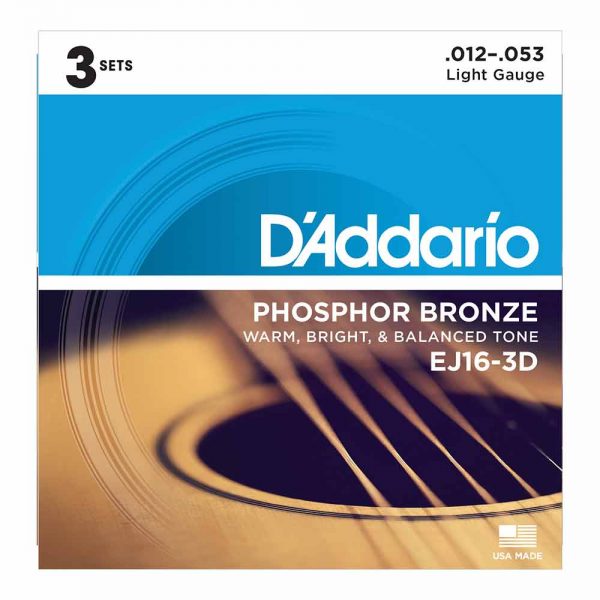 מיתרים לגיטרה אקוסטית דדריו 12-53 - מארז 3 סטים - Daddario EJ16-3D Phosphor Bronze Acoustic Guitar Strings