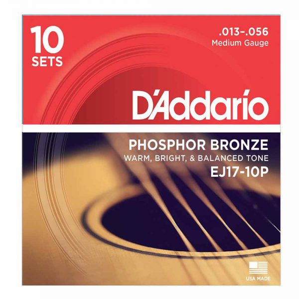 מיתרים לגיטרה אקוסטית דדריו 13-56 - מארז 10 סטים - Daddario EJ17-10P Phosphor Bronze Acoustic Guitar Strings