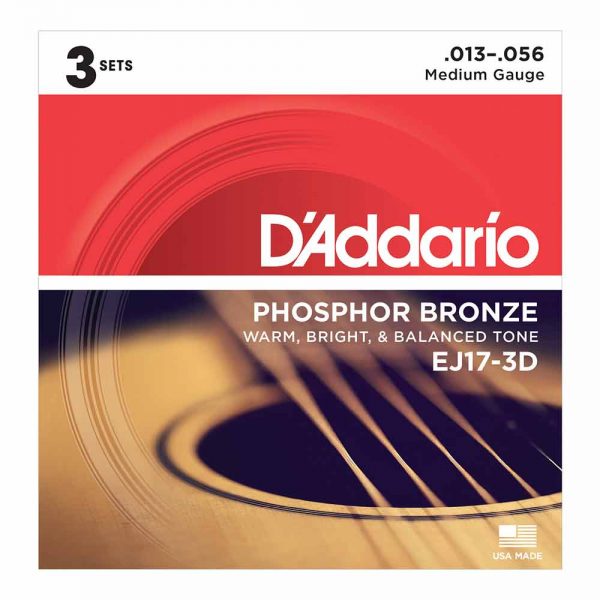 מיתרים לגיטרה אקוסטית דדריו 13-56 – מארז 3 סטים - Daddario EJ17-3D Phosphor Bronze Acoustic Guitar Strings