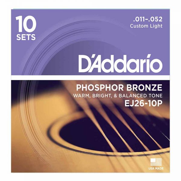 מיתרים לגיטרה אקוסטית דדריו 11-52 - מארז 10 סטים - Daddario EJ26-10P Phosphor Bronze Acoustic Guitar Strings