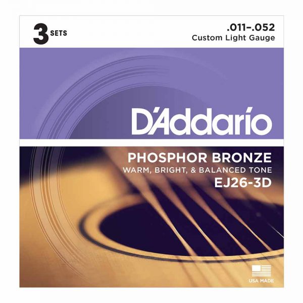 מיתרים לגיטרה אקוסטית דדריו 11-52 - מארז 3 סטים - Daddario EJ26-3D Phosphor Bronze Acoustic Guitar Strings