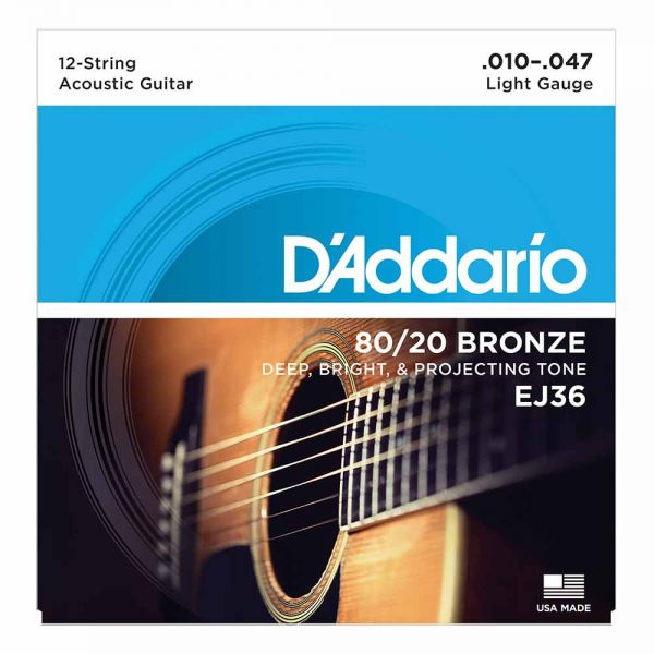 סט מיתרים לגיטרה אקוסטית דדריו 10-47 - Daddario EJ36 12String 80/20 Acoustic Guitar Strings