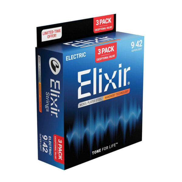 מיתרים לגיטרה חשמלית אליקסיר מארז 3 סטים - ELIXIR 16566 Electric NANOWEB® Coated strings 3Pack - 09-42
