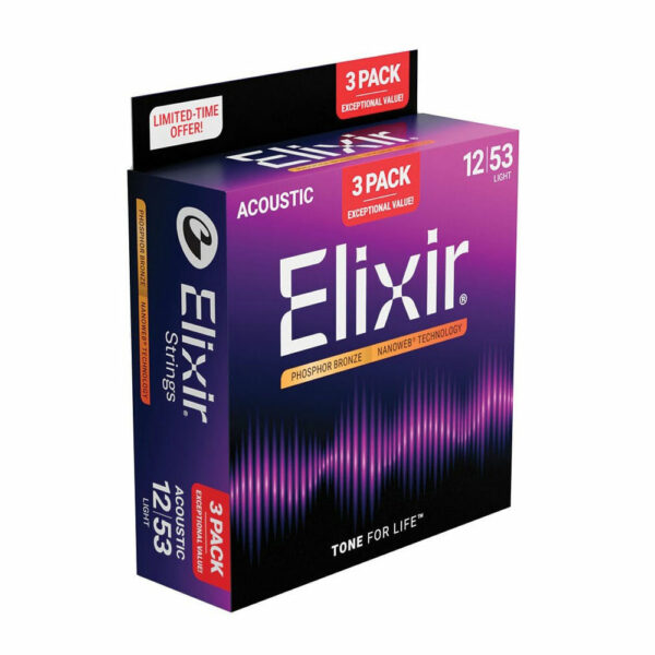 מיתרים לגיטרה אקוסטית אליקסיר מארז 3 סטים - ELIXIR 16569 Acoustic Phosphor Bronze NANOWEB® Coated 3Pack - 12-53